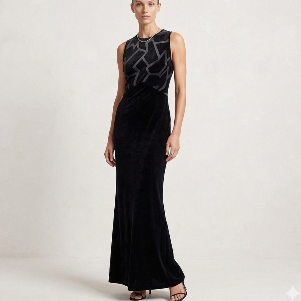 Velour Long Black Sleeveless Maxi Dress With Bodice Detail M